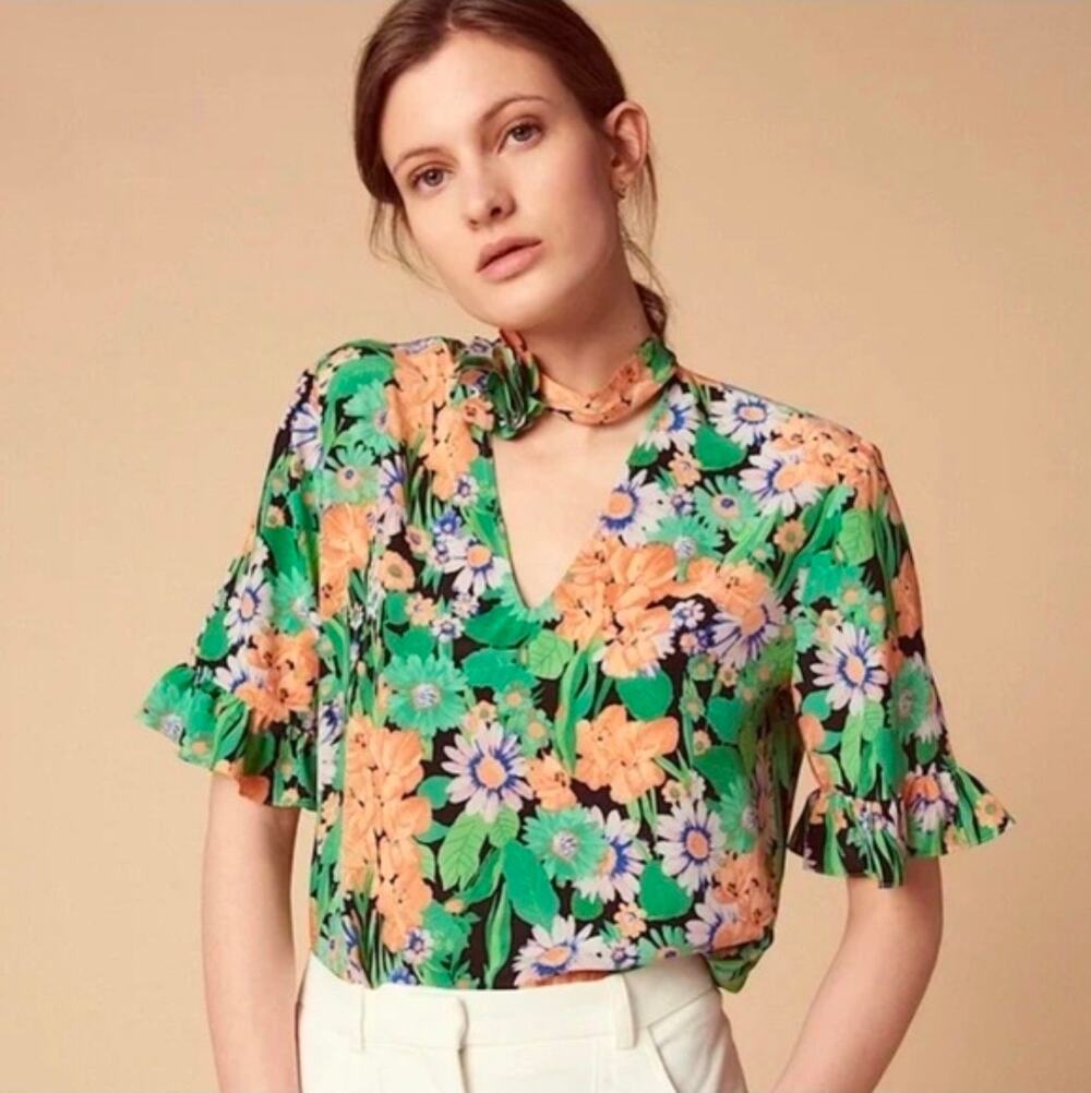 Sandro Multicolor Floral Ruffle Sleeve Tie Neck Silk Blouse Women's Small